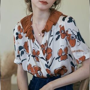 Floral Ruffle Collar Blouse - White and Brown